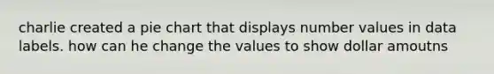 charlie created a pie chart that displays number values in data labels. how can he change the values to show dollar amoutns