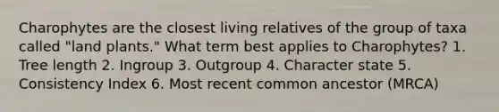 Charophytes are the closest living relatives of the group of taxa called "land plants." What term best applies to Charophytes? 1. Tree length 2. Ingroup 3. Outgroup 4. Character state 5. Consistency Index 6. Most recent common ancestor (MRCA)