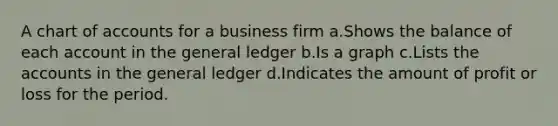 A chart of accounts for a business firm a.Shows the balance of each account in the general ledger b.Is a graph c.Lists the accounts in the general ledger d.Indicates the amount of profit or loss for the period.