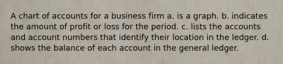 A chart of accounts for a business firm a. is a graph. b. indicates the amount of profit or loss for the period. c. lists the accounts and account numbers that identify their location in the ledger. d. shows the balance of each account in the general ledger.