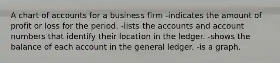 A chart of accounts for a business firm -indicates the amount of profit or loss for the period. -lists the accounts and account numbers that identify their location in the ledger. -shows the balance of each account in the general ledger. -is a graph.