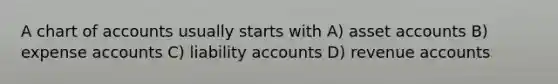 A chart of accounts usually starts with A) asset accounts B) expense accounts C) liability accounts D) revenue accounts