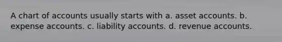 A chart of accounts usually starts with a. asset accounts. b. expense accounts. c. liability accounts. d. revenue accounts.