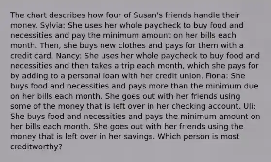 The chart describes how four of Susan's friends handle their money. Sylvia: She uses her whole paycheck to buy food and necessities and pay the minimum amount on her bills each month. Then, she buys new clothes and pays for them with a credit card. Nancy: She uses her whole paycheck to buy food and necessities and then takes a trip each month, which she pays for by adding to a personal loan with her credit union. Fiona: She buys food and necessities and pays <a href='https://www.questionai.com/knowledge/keWHlEPx42-more-than' class='anchor-knowledge'>more than</a> the minimum due on her bills each month. She goes out with her friends using some of the money that is left over in her checking account. Uli: She buys food and necessities and pays the minimum amount on her bills each month. She goes out with her friends using the money that is left over in her savings. Which person is most creditworthy?