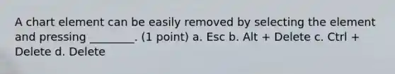 A chart element can be easily removed by selecting the element and pressing ________. (1 point) a. Esc b. Alt + Delete c. Ctrl + Delete d. Delete