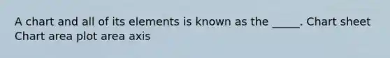 A chart and all of its elements is known as the _____. Chart sheet Chart area plot area axis