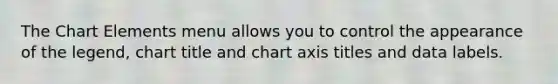 The Chart Elements menu allows you to control the appearance of the legend, chart title and chart axis titles and data labels.