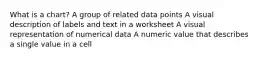 What is a chart? A group of related data points A visual description of labels and text in a worksheet A visual representation of numerical data A numeric value that describes a single value in a cell