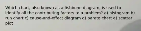 Which chart, also known as a fishbone diagram, is used to identify all the contributing factors to a problem? a) histogram b) run chart c) cause-and-effect diagram d) pareto chart e) scatter plot