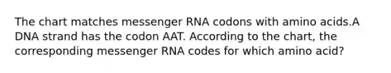 The chart matches messenger RNA codons with amino acids.A DNA strand has the codon AAT. According to the chart, the corresponding messenger RNA codes for which amino acid?