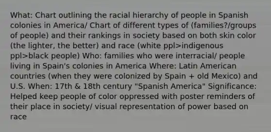 What: Chart outlining the racial hierarchy of people in Spanish colonies in America/ Chart of different types of (families?/groups of people) and their rankings in society based on both skin color (the lighter, the better) and race (white ppl>indigenous ppl>black people) Who: families who were interracial/ people living in Spain's colonies in America Where: Latin American countries (when they were colonized by Spain + old Mexico) and U.S. When: 17th & 18th century "Spanish America" Significance: Helped keep people of color oppressed with poster reminders of their place in society/ visual representation of power based on race