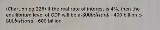 (Chart on pg 226) If the real rate of interest is 4%, then the equilibrium level of GDP will be a-300 billion b-400 billion c-500 billion d-600 billion