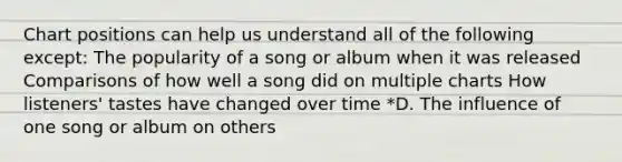 Chart positions can help us understand all of the following except: The popularity of a song or album when it was released Comparisons of how well a song did on multiple charts How listeners' tastes have changed over time *D. The influence of one song or album on others