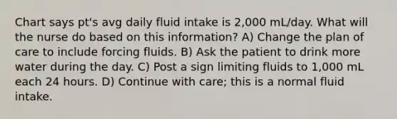 Chart says pt's avg daily fluid intake is 2,000 mL/day. What will the nurse do based on this information? A) Change the plan of care to include forcing fluids. B) Ask the patient to drink more water during the day. C) Post a sign limiting fluids to 1,000 mL each 24 hours. D) Continue with care; this is a normal fluid intake.