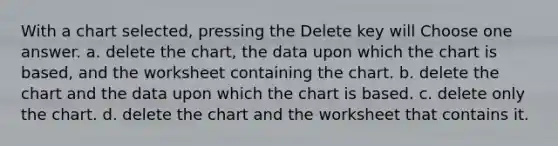 With a chart selected, pressing the Delete key will Choose one answer. a. delete the chart, the data upon which the chart is based, and the worksheet containing the chart. b. delete the chart and the data upon which the chart is based. c. delete only the chart. d. delete the chart and the worksheet that contains it.