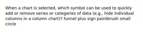 When a chart is selected, which symbol can be used to quickly add or remove series or categories of data (e.g., hide individual columns in a column chart)? funnel plus sign paintbrush small circle