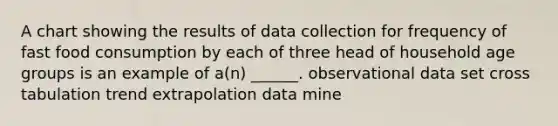 A chart showing the results of data collection for frequency of fast food consumption by each of three head of household age groups is an example of a(n) ______. observational data set cross tabulation trend extrapolation data mine