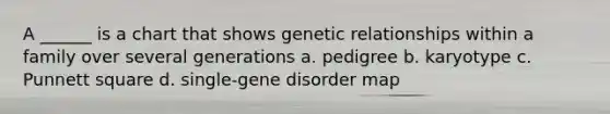 A ______ is a chart that shows genetic relationships within a family over several generations a. pedigree b. karyotype c. Punnett square d. single-gene disorder map