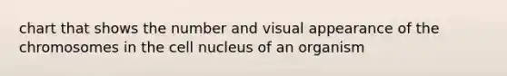 chart that shows the number and visual appearance of the chromosomes in the <a href='https://www.questionai.com/knowledge/ksZq6y1LRD-cell-nucleus' class='anchor-knowledge'>cell nucleus</a> of an organism