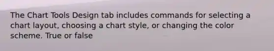The Chart Tools Design tab includes commands for selecting a chart layout, choosing a chart style, or changing the color scheme. True or false