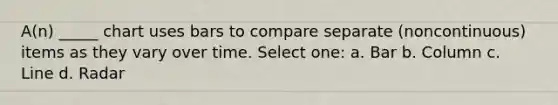 A(n) _____ chart uses bars to compare separate (noncontinuous) items as they vary over time. Select one: a. Bar b. Column c. Line d. Radar