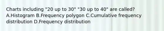 Charts including "20 up to 30" "30 up to 40" are called? A.Histogram B.<a href='https://www.questionai.com/knowledge/khnu9aEyv1-frequency-polygon' class='anchor-knowledge'>frequency polygon</a> C.Cumulative <a href='https://www.questionai.com/knowledge/kBageYpRHz-frequency-distribution' class='anchor-knowledge'>frequency distribution</a> D.Frequency distribution