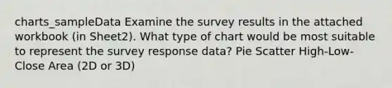 charts_sampleData Examine the survey results in the attached workbook (in Sheet2). What type of chart would be most suitable to represent the survey response data? Pie Scatter High-Low-Close Area (2D or 3D)