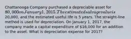 Chattanooga Company purchased a depreciable asset for 80,000 on January 1, 2015. The estimated salvage value is20,000, and the estimated useful life is 5 years. The straight-line method is used for depreciation. On January 1, 2017, the company made a capital expenditure of 16,000 for an addition to the asset. What is depreciation expense for 2017?