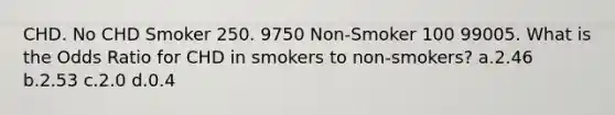 CHD. No CHD Smoker 250. 9750 Non-Smoker 100 99005. What is the Odds Ratio for CHD in smokers to non-smokers? a.2.46 b.2.53 c.2.0 d.0.4