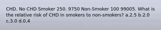 CHD. No CHD Smoker 250. 9750 Non-Smoker 100 99005. What is the relative risk of CHD in smokers to non-smokers? a.2.5 b.2.0 c.3.0 d.0.4