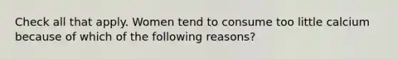 Check all that apply. Women tend to consume too little calcium because of which of the following reasons?