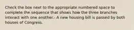 Check the box next to the appropriate numbered space to complete the sequence that shows how the three branches interact with one another.- A new housing bill is passed by both houses of Congress.