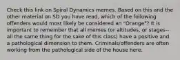 Check this link on Spiral Dynamics memes. Based on this and the other material on SD you have read, which of the following offenders would most likely be considered an "Orange"? It is important to remember that all memes (or altitudes, or stages-- all the same thing for the sake of this class) have a positive and a pathological dimension to them. Criminals/offenders are often working from the pathological side of the house here.