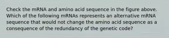 Check the mRNA and amino acid sequence in the figure above. Which of the following mRNAs represents an alternative mRNA sequence that would not change the amino acid sequence as a consequence of the redundancy of the genetic code?