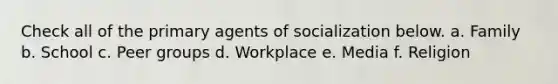 Check all of the primary agents of socialization below. a. Family b. School c. Peer groups d. Workplace e. Media f. Religion