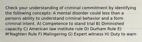 Check your understanding of criminal commitment by identifying the following concepts: A mental disorder could less than a persons ability to understand criminal behavior and a form criminal intent. A) Competence to stand trial B) Diminished capacity C) American law institute rule D) Durham Rule E) M'Naghten Rule F) Malingering G) Expert witness H) Duty to warn