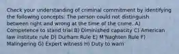 Check your understanding of criminal commitment by identifying the following concepts: The person could not distinguish between right and wrong at the time of the crime. A) Competence to stand trial B) Diminished capacity C) American law institute rule D) Durham Rule E) M'Naghten Rule F) Malingering G) Expert witness H) Duty to warn