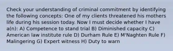 Check your understanding of criminal commitment by identifying the following concepts: One of my clients threatened his mothers life during his session today. Now I must decide whether I have a(n): A) Competence to stand trial B) Diminished capacity C) American law institute rule D) Durham Rule E) M'Naghten Rule F) Malingering G) Expert witness H) Duty to warn