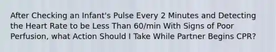 After Checking an Infant's Pulse Every 2 Minutes and Detecting the Heart Rate to be Less Than 60/min With Signs of Poor Perfusion, what Action Should I Take While Partner Begins CPR?