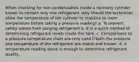 When checking for non-condensables inside a recovery cylinder known to contain only one refrigerant, why should the technician allow the temperature of teh cylinder to stabilize to room temperature before taking a pressure reading? a. To prevent safety valves from purging refrigerant b. It is a quick method of determining refrigerant levels inside the tank. c. Comparisons to a pressure-temperature chart are only valid if both the pressure and temperature of the refrigerant are stable and known. d. A temperature reading alone is enough to determine refrigerant quality,