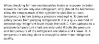 When checking for non-condensables Inside a recovery cylinder known to contain only one refrigerant, why should the technician allow the temperature of the cylinder to stabilize to room temperature before taking a pressure reading? A. To prevent safety valves from purging refrigerant B. It is a quick method of determining refrigerant level Inside the tank C. Comparisons to a pressure-temperature chart are only valid If both the pressure and temperature of the refrigerant are stable and known. D. A temperature reading alone ls enough to determine refrigerant quallty,