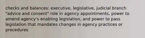 checks and balances: executive, legislative, judicial branch "advice and consent" role in agency appointments, power to amend agency's enabling legislation, and power to pass legislation that mandates changes in agency practices or procedures