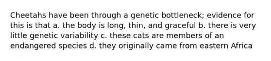 Cheetahs have been through a genetic bottleneck; evidence for this is that a. the body is long, thin, and graceful b. there is very little genetic variability c. these cats are members of an endangered species d. they originally came from eastern Africa