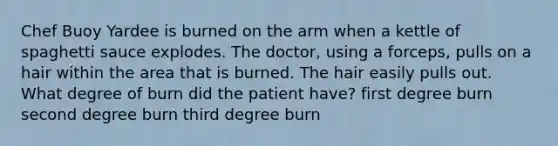 Chef Buoy Yardee is burned on the arm when a kettle of spaghetti sauce explodes. The doctor, using a forceps, pulls on a hair within the area that is burned. The hair easily pulls out. What degree of burn did the patient have? first degree burn second degree burn third degree burn