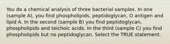 You do a chemical analysis of three bacterial samples. In one (sample A), you find phospholipids, peptidoglycan, O antigen and lipid A. In the second (sample B) you find peptidoglycan, phospholipids and teichoic acids. In the third (sample C) you find phospholipids but no peptidoglycan. Select the TRUE statement.