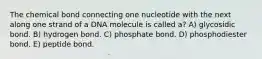 The chemical bond connecting one nucleotide with the next along one strand of a DNA molecule is called a? A) glycosidic bond. B) hydrogen bond. C) phosphate bond. D) phosphodiester bond. E) peptide bond.