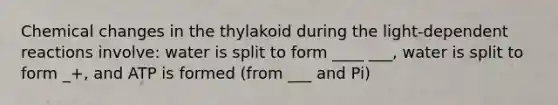 Chemical changes in the thylakoid during the light-dependent reactions involve: water is split to form ____ ___, water is split to form _+, and ATP is formed (from ___ and Pi)