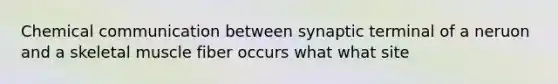 Chemical communication between synaptic terminal of a neruon and a <a href='https://www.questionai.com/knowledge/klixZejDS2-skeletal-muscle' class='anchor-knowledge'>skeletal muscle</a> fiber occurs what what site