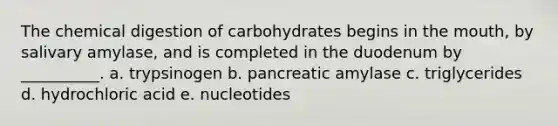 The chemical digestion of carbohydrates begins in <a href='https://www.questionai.com/knowledge/krBoWYDU6j-the-mouth' class='anchor-knowledge'>the mouth</a>, by salivary amylase, and is completed in the duodenum by __________. a. trypsinogen b. pancreatic amylase c. triglycerides d. hydrochloric acid e. nucleotides