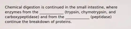 Chemical digestion is continued in the small intestine, where enzymes from the _____________ (trypsin, chymotrypsin, and carboxypeptidase) and from the _____________ (peptidase) continue the breakdown of proteins.